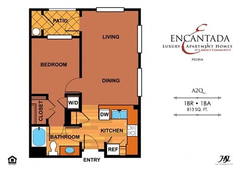 Floor plan for 1 bed, 1 bath, 768 sqft